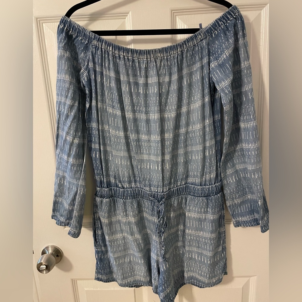 Anthropologie off the shoulder long sleeve denim romper